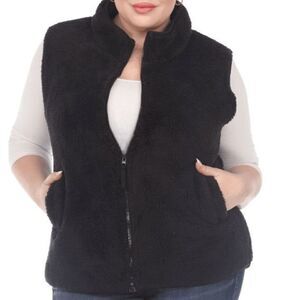 White Mark Women's Plus Size Black Zip-Up Sherpa Vest 1X
